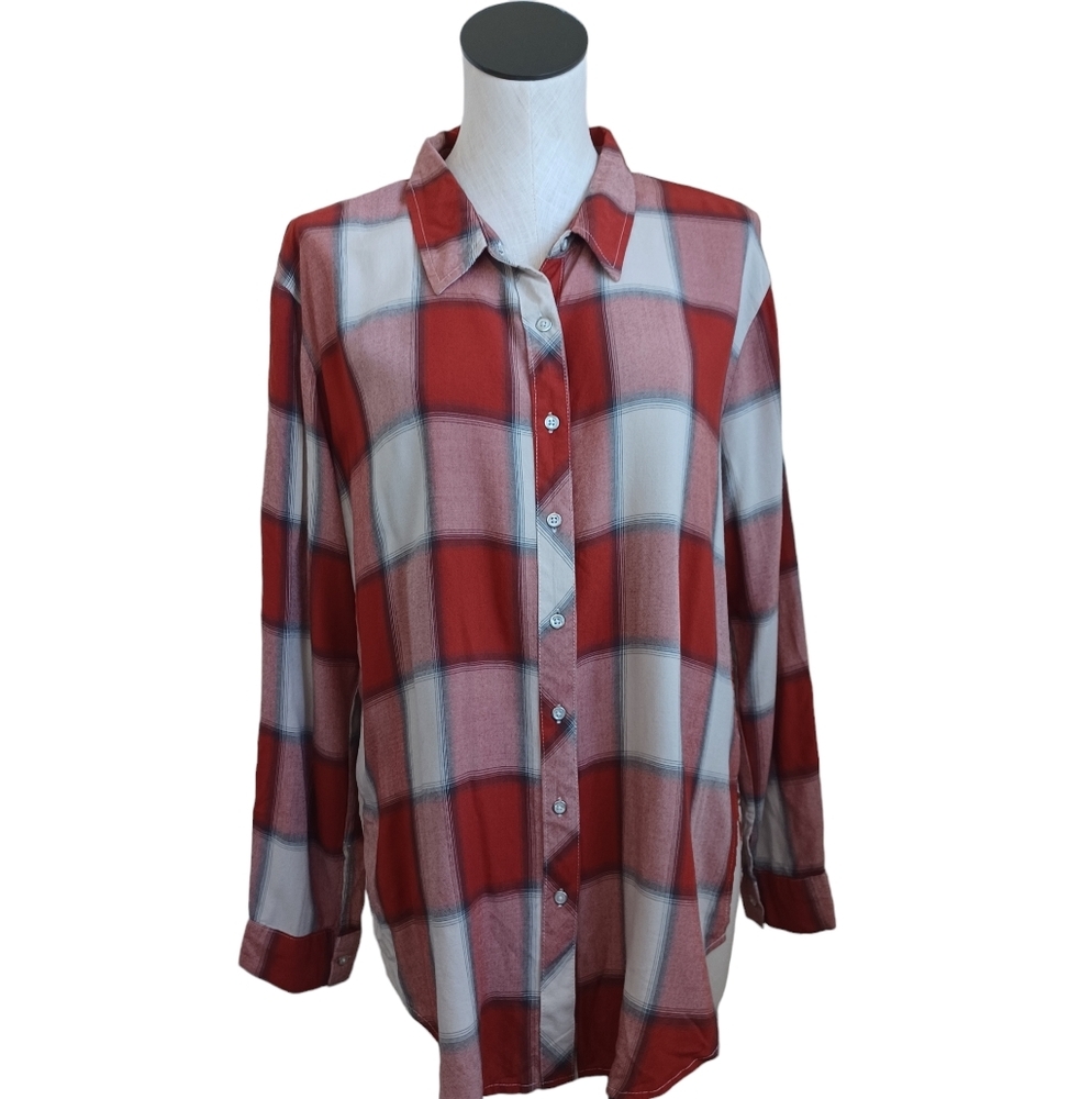 White Crow Blouse Contrast Plaid‎ Print Button Up Long Sleeve Rayon Womens Large